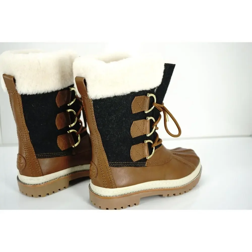 Tory Burch Grey Flannel Brown Leather Duck Boots Size 5 Fur NIB Women's Rain